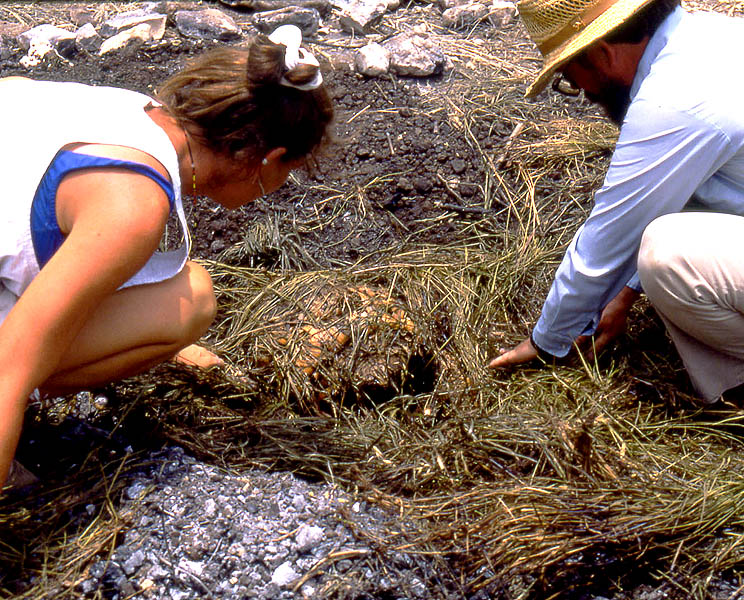 photo of two people uncovering a charred sotol  head