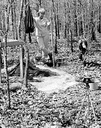 Jerrylee Blaine helping map in a small test pit at the Gilbert site, late 1960s. The Blaines returned to the Gilbert site many times in the 1960s and 1970s and salvaged many artifacts and information that otherwise would have been lost to artifact collectors. Photo by Jay Blaine.