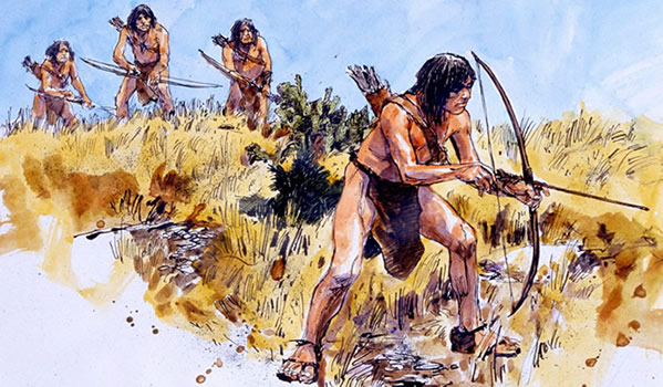 Artist's depiction of native people using bows and arrows