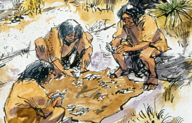 Artist's rendering of natives comparing lithics at the workshop area of the rancheria