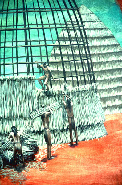 illustration of people thatching a domed house with a completed house in the background