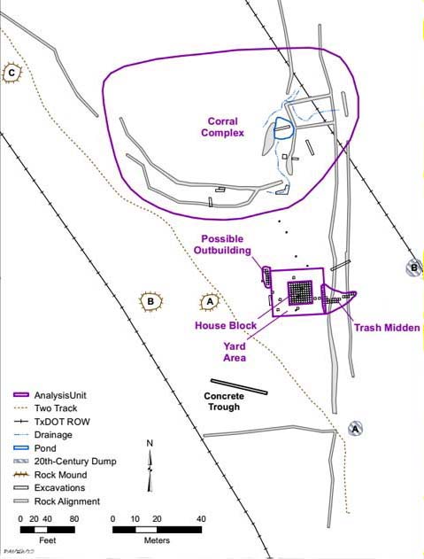 Map showing all of the documented large-scale features and completed archeological excavations in the southeastern portion of Ransom Williams' 45-acre farm 