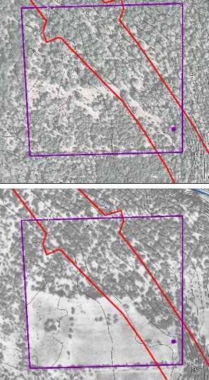 photos comparing the Williams farmstead property in 2005 (top) and 1937 aerial images with topographic lines added.