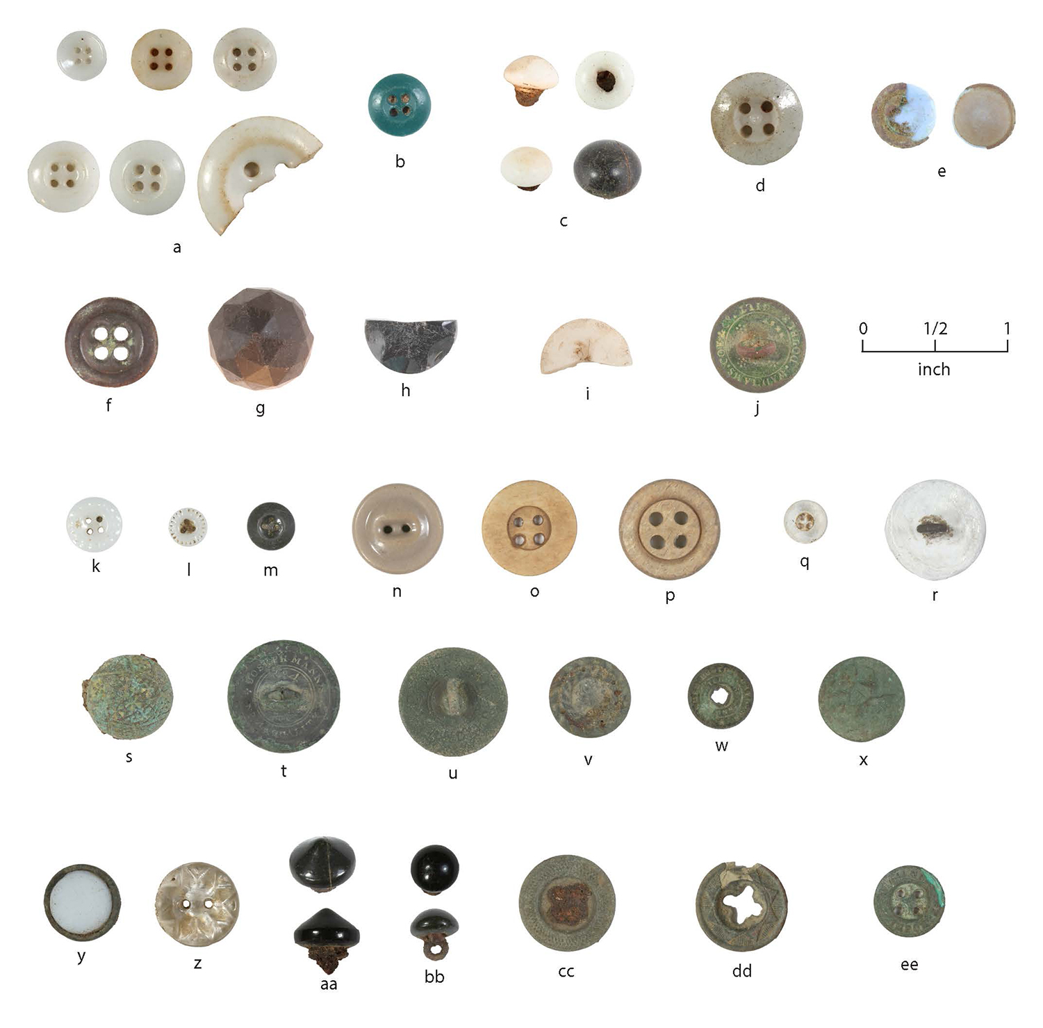 Dozens of 19th century buttons on a white background with a scale bar.