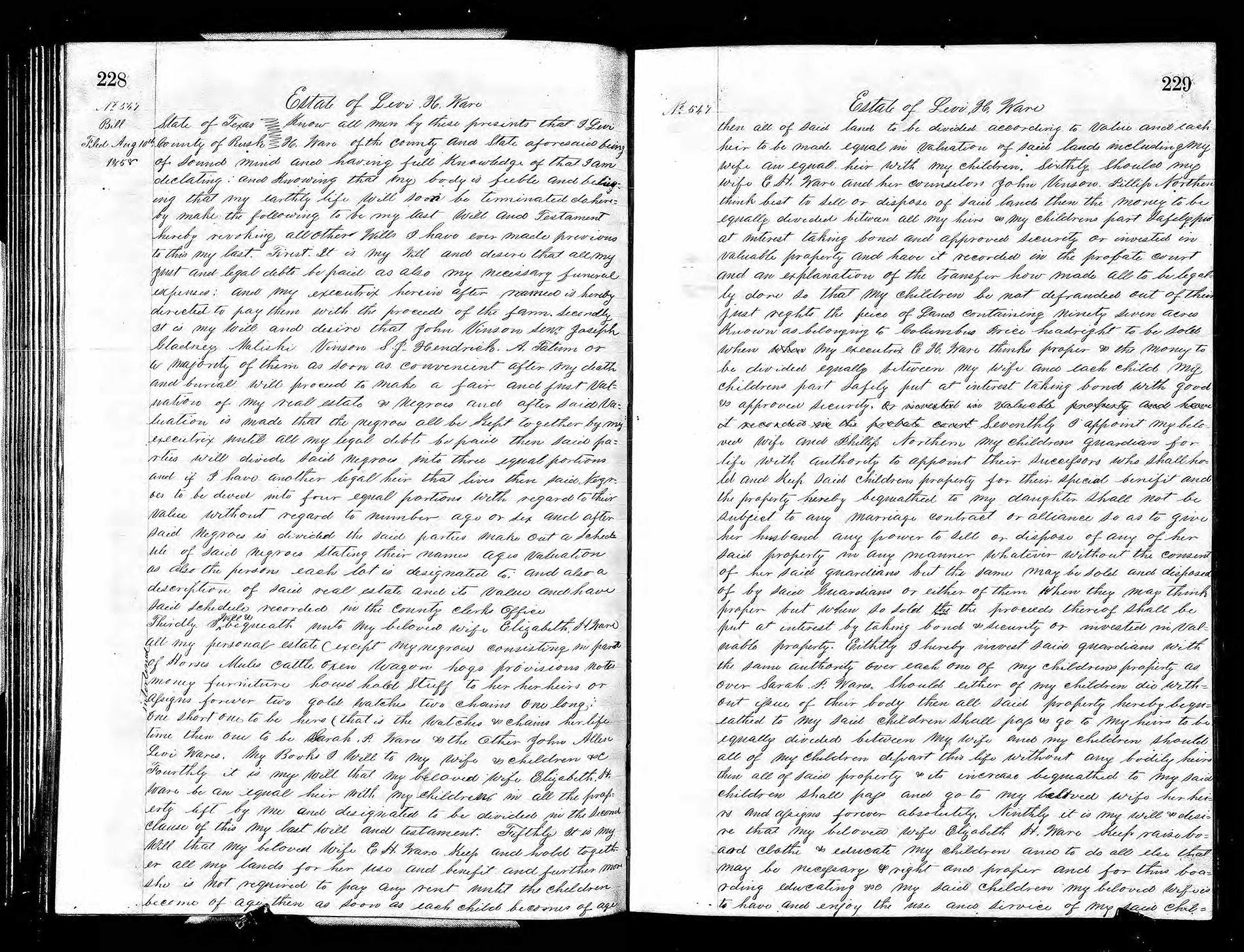 Two photocopied pages from Levi Hill Ware's handwritten will