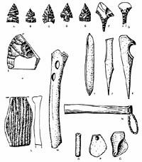 Drawing of stone and bone tools.