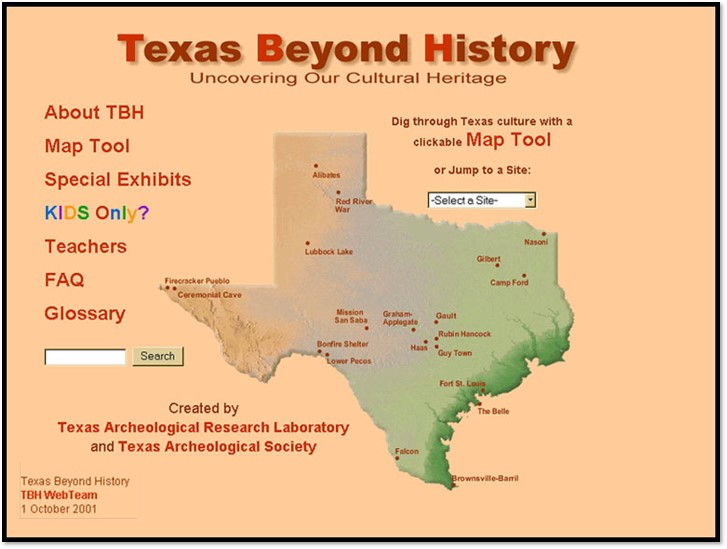 A computer screenshot of a homepage with a map of Texas on an orange background with some text.