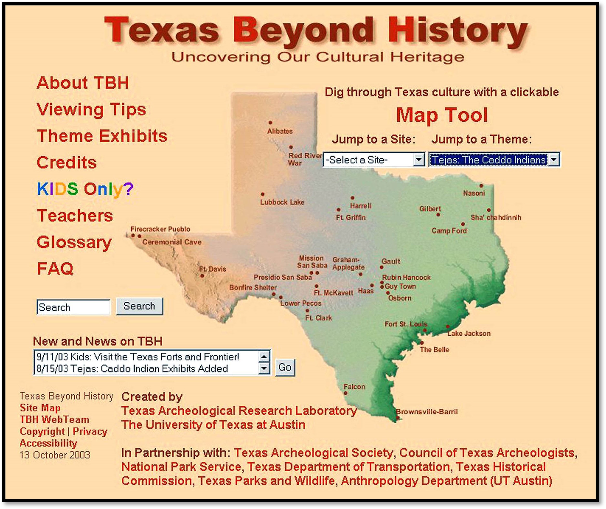 A computer screenshot of a homepage with a map of Texas on an orange background and lots of text.