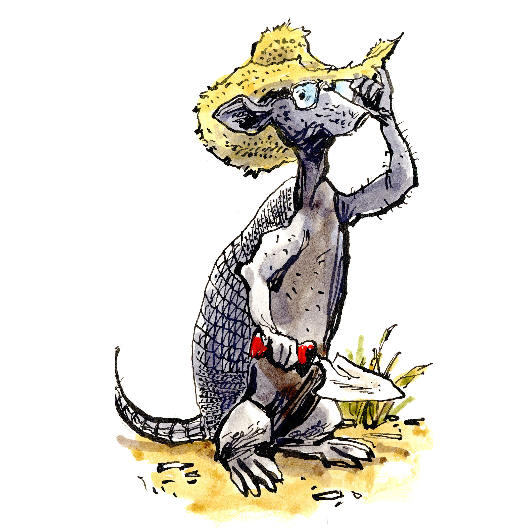illustration of an armadillo wearing a straw hat and glasses holding a trowel