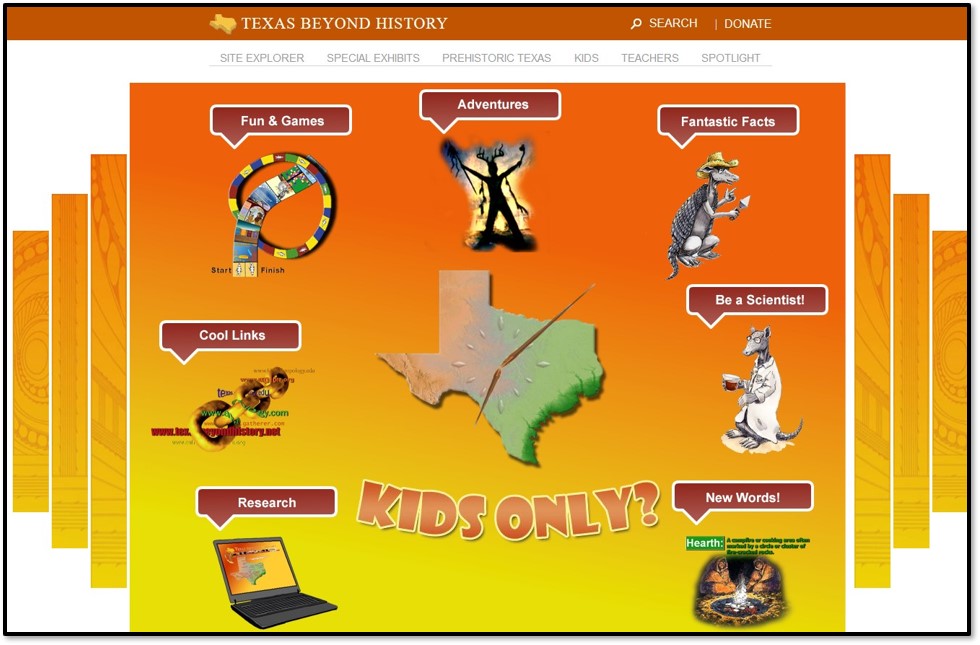 An orange background with an illustrated armadillo surrounded by links to kids' activities.