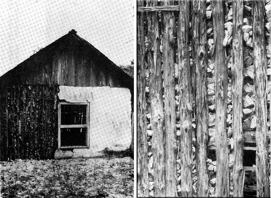 photo of Wattle and daub construction as seen in a historic jacal house at Bracketville, Texas.