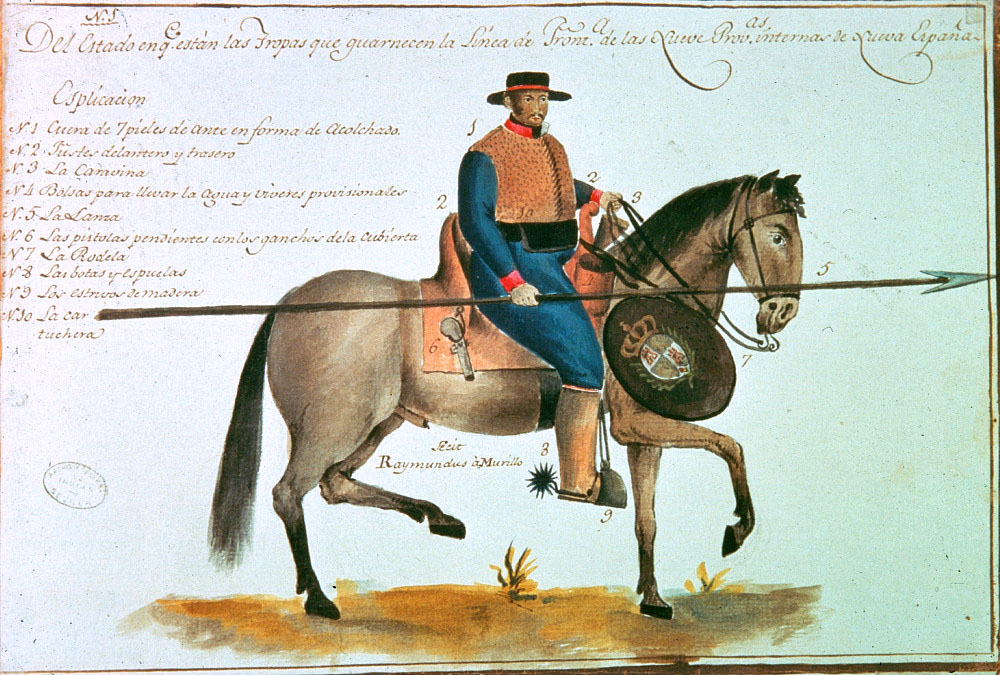 17th Spanish century drawing of a freshly equipped cavalryman of New Spain.