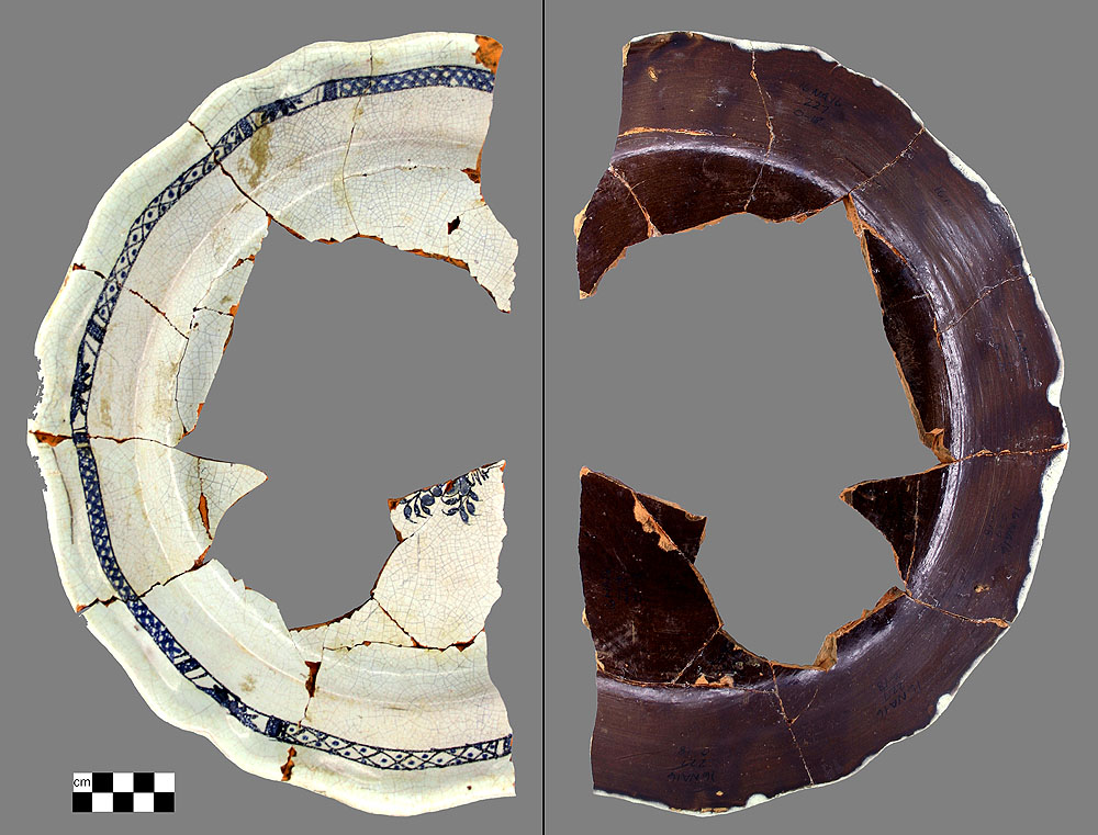 photo of front and back sides of a partially reconstructed Rouen Polychrome dinner platter 
