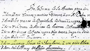 example of account book entries, Lt. don Joseph Gonzales. Highlighted line: 4 libras (pounds) of chocolate. 