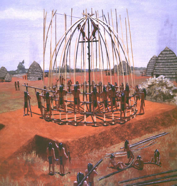 Artist's deptiction of Caddo Indians building a house