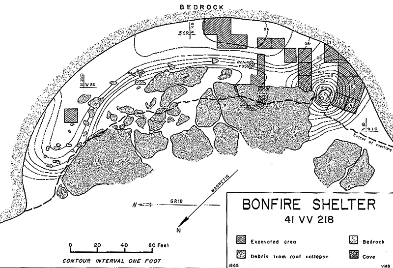 Map of Bonfire Shelter showing 1963-1964 excavations.