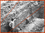 View of excavation wall profile (see Profile 3) along N50. Crew member Carlos Guerro points to Bone Bed 3.  Photo probably taken by Dave Dibble on February 19, 1964.