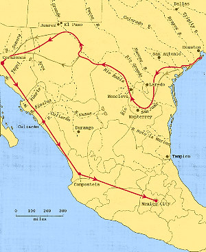 map of the pathway of Cabeza de Vaca and companions on their 7-year trek