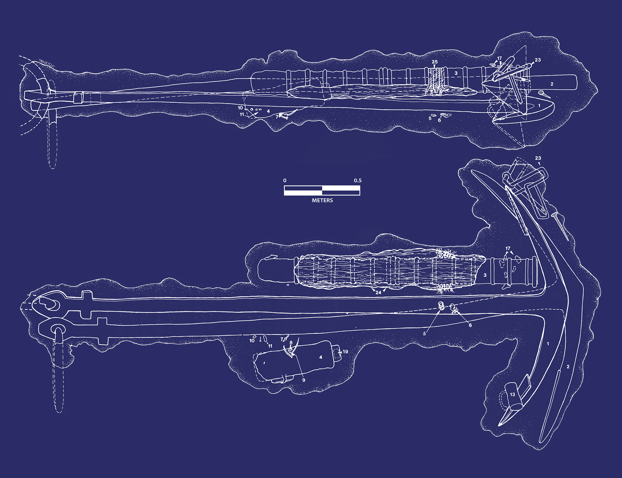 schematic drawing of anchor within concretions (x-ray view), plan and profile, white on blue background