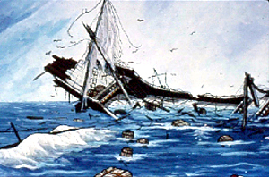 Wreckage of the ships float in the waters