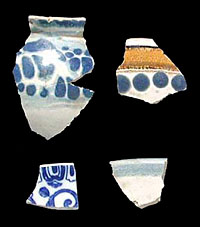 Majolica, or glazed enamelware, in a variety of patterns and colors were found at the site. These fragments were from bowls and other tableware. a, Puebla Blue on White; b-c, San Elizario; d, Aranama Polychrome; e, porcelain; f, Huetjotzingo Blue on White; g, Puebla Green on White; h, Aranama Polychrome.
