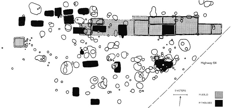 Plan of Firecracker Pueblo showing the outlines of features found within and beyond the rooms. A total of 243 features were found outside the pueblo proper including trash pits, small hearts, postholes, cylindrical storage pits, large roasting pits, and barrow pits.