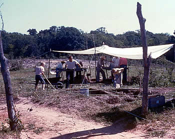 Boys digging in the hot sun; adults screening in the shade of canvas tarps, July 1962. 