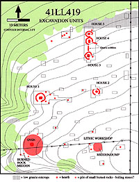 Plan map of site with contour intervals marked, showing houses, features, and excavated units. Map by Chuck Hixson.