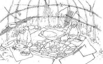 Interior of prehistoric dwelling as visualized by artist 