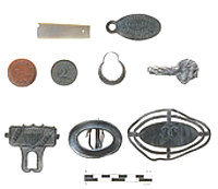 "In small things forgotten…." An array of objects and mementos left behind in a turn of the century farmstead range from the mundane—an orange plastic ice token from a company operating in Austin in the 1880s—to the more poignant, a brass bicentennial badge marked with the dates 1776 and 1876. 