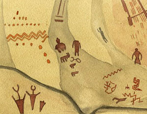watercolor painting of figures drawn by archaic artists
