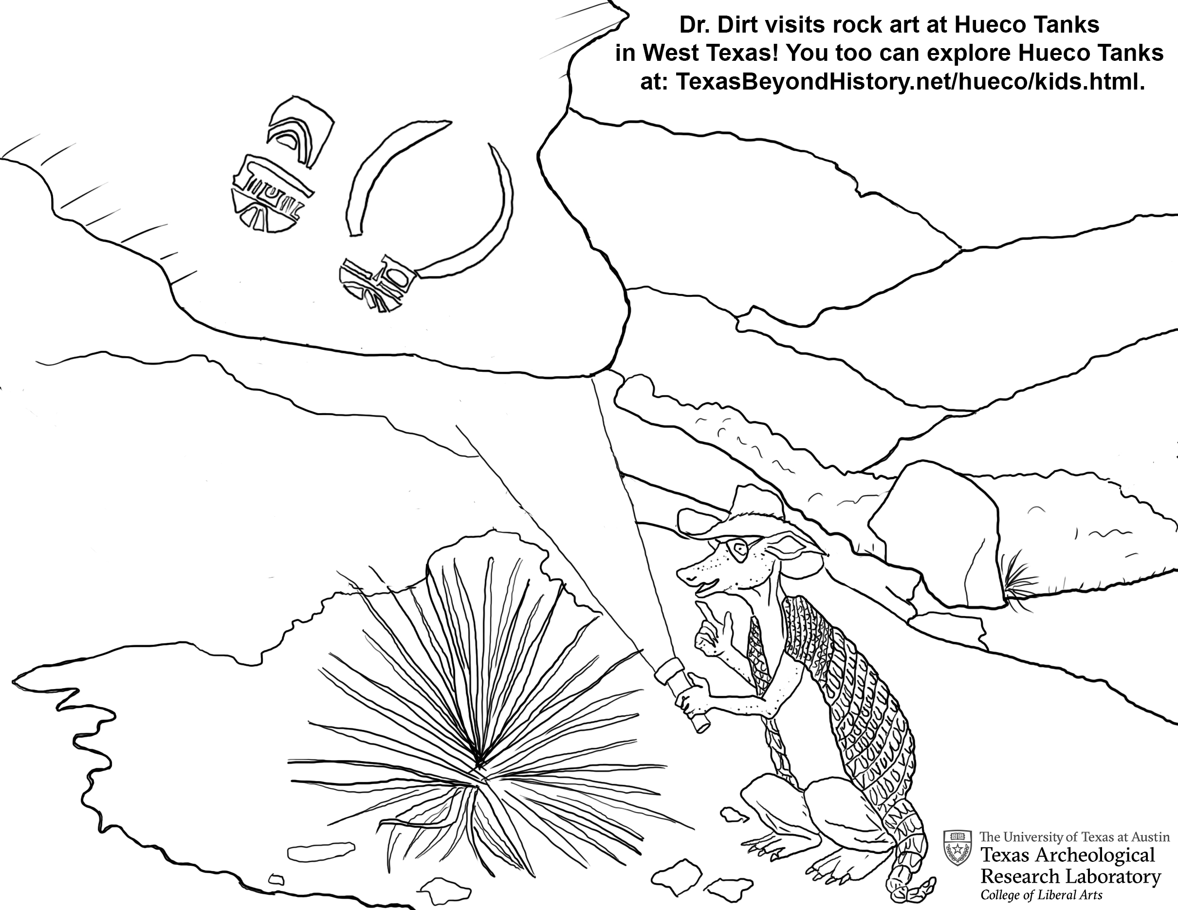 black and white drawing of armadillo holding a flashlight and rock art faces under a rock overhang