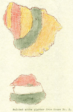 Hand-colored drawing of painted adobe plaster from House 3 at Polvo