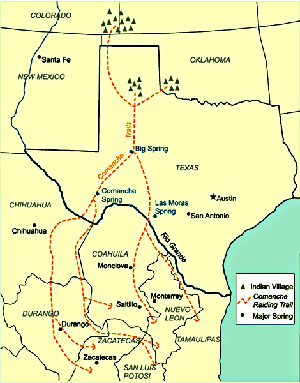 illustration of Routes of Comanche trails from villages on the Plains