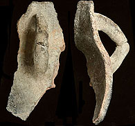 photo of two views of a large sherd from a La Junta plainware jar with handles