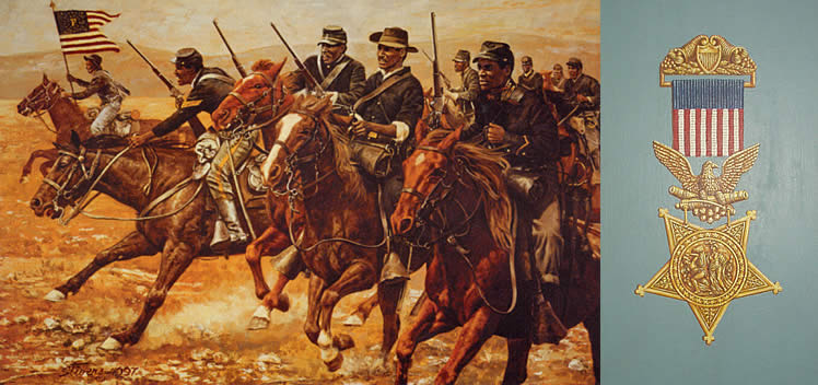 photo of a painting of buffalo soldiers and a medal