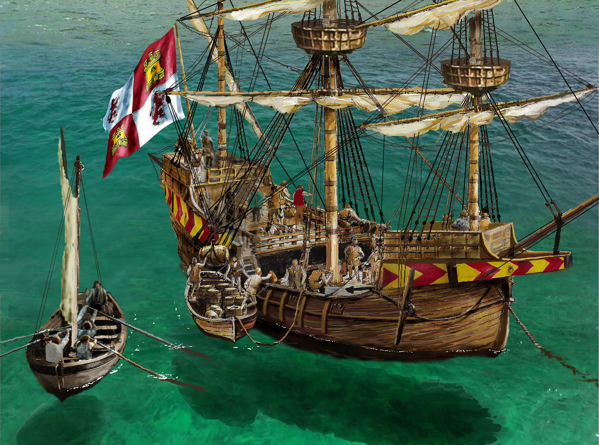 illustration of an anchored ship in clear green water with smaller boats next to it