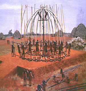 painting of construction of a caddo house