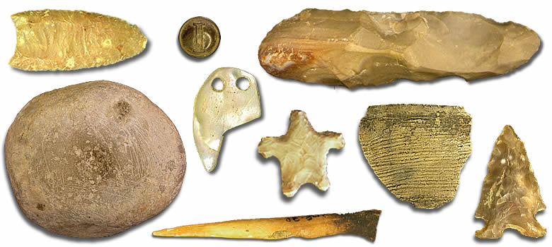 An array of artifacts and other images related to Kincaid Shelter