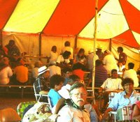 Inside the large circus tent that served as the field school dining and lecture hall and gave much-needed shelter on windy days. Photo by E. Mott Davis.