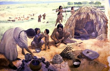 Camp on the Plains, 2. A small band of hunters and gatherers relaxes around a typical camp on the Plains, ca. A.D. 1200; in the background bison meat is drying. Painting by Nola Davis, image provided courtesy of Texas Parks and Wildlife Department. The orginal mural is on display at the Lubbock Lake Landmark Interpretive Center, now owned by Texas Tech University; the use of this image is authorized by the Museum of Texas Tech University.