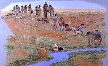 On the Move. A small line of travelers move in search of a new camp. Dogs equipped with travois (carrying frames) drag many supplies, but each traveler, large and small, carries something. This scene is set in the early 1500s just before the introduction of the horse fundamentally changed life on the Plains.  Painting by Nola Davis, image provided courtesy of Texas Parks and Wildlife Department. The orginal mural is on display at the Lubbock Lake Landmark Interpretive Center, now owned by Texas Tech University; the use of this image is authorized by the Museum of Texas Tech University.