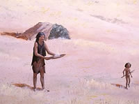 Winnowing seeds, 1. Woman separates grass seeds from the chaff as her young daughter plays nearby. Painting by Nola Davis, image provided courtesy of Texas Parks and Wildlife Department. The orginal mural is on display at the Lubbock Lake Landmark Interpretive Center, now owned by Texas Tech University; the use of this image is authorized by the Museum of Texas Tech University.