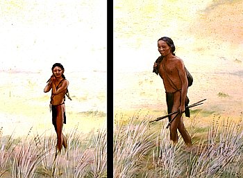 Successful hunt. Father and son return from a successful hunt carrying small game. This scene is set in the Middle ate Archaic period, a time when the atlatl the man carries in his hand was still in use.  Two-panel painting by Nola Davis, image provided courtesy of Texas Parks and Wildlife Department. The orginal mural is on display at the Lubbock Lake Landmark Interpretive Center, now owned by Texas Tech University; the use of this image is authorized by the Museum of Texas Tech University.