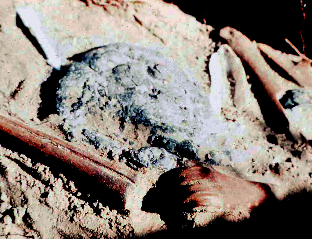 Image of Enlarged area of photo taken by Lou Fullen of grave offerings above the chest area of Burial 10.