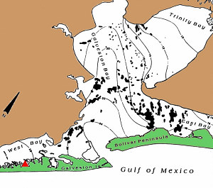 Image of the locations of oyster reefs in the Galveston Bay area.
