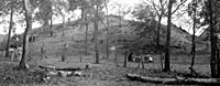 Mound at beginning of WPA excavations. Structures on top of mound and at right are contemporary barns and outbuildings for animals.