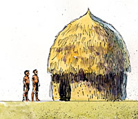 Reconstruction of pre-mound buildings, as visualized by artist Charles Shaw.
