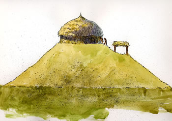 Temple on top of mound (side view) circa 1690, as drawn by artist Charles Shaw.