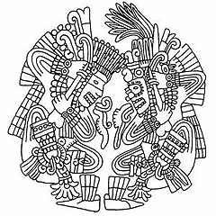 Drawing of Aztec stone carving depicting two deities puncturing their ears with bone awls.